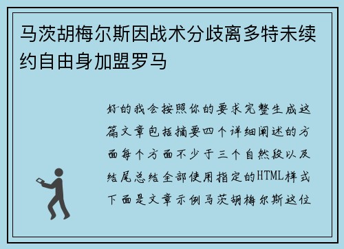 马茨胡梅尔斯因战术分歧离多特未续约自由身加盟罗马