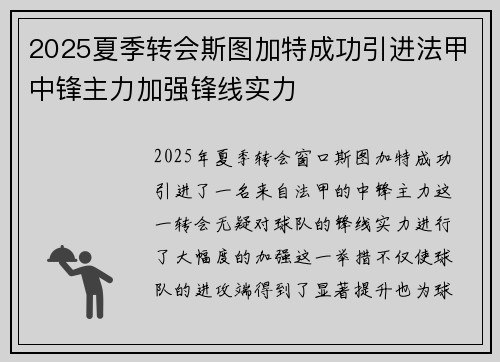 2025夏季转会斯图加特成功引进法甲中锋主力加强锋线实力